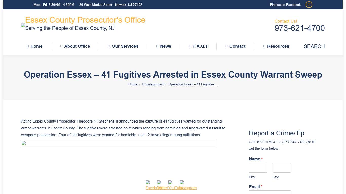 Operation Essex – 41 Fugitives Arrested in Essex County Warrant Sweep – Essex County Prosecutor's Office